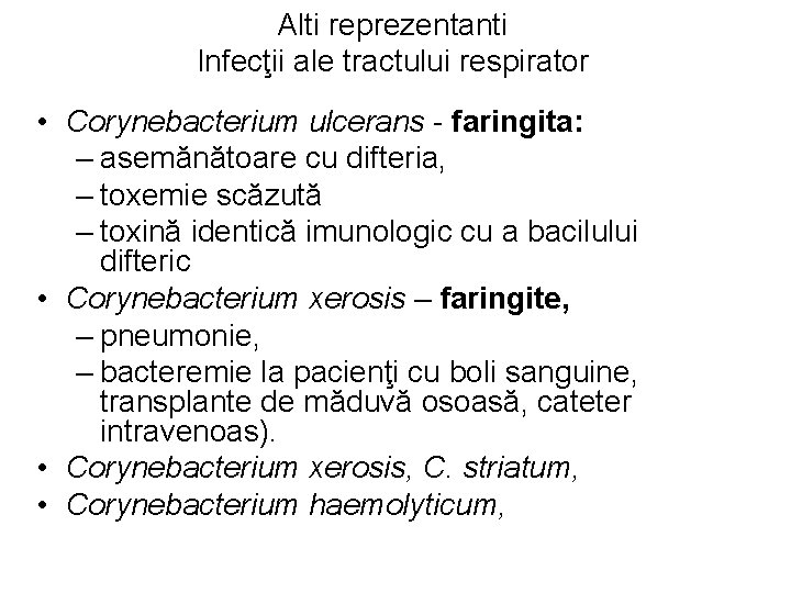 Alti reprezentanti Infecţii ale tractului respirator • Corynebacterium ulcerans - faringita: – asemănătoare cu