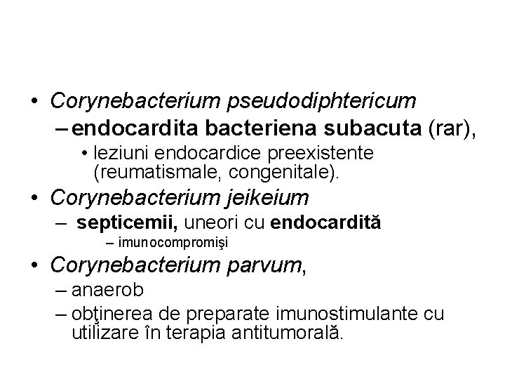  • Corynebacterium pseudodiphtericum – endocardita bacteriena subacuta (rar), • leziuni endocardice preexistente (reumatismale,