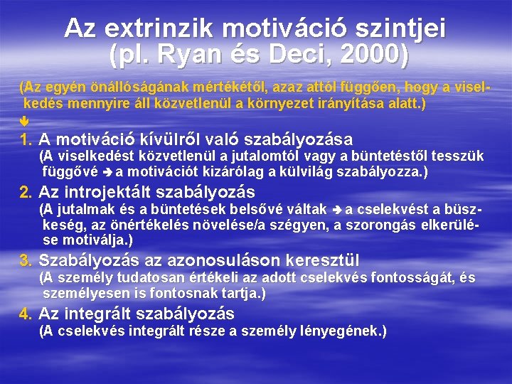 Az extrinzik motiváció szintjei (pl. Ryan és Deci, 2000) (Az egyén önállóságának mértékétől, azaz Az extrinzik motiváció szintjei (pl. Ryan és Deci, 2000) (Az egyén önállóságának mértékétől, azaz