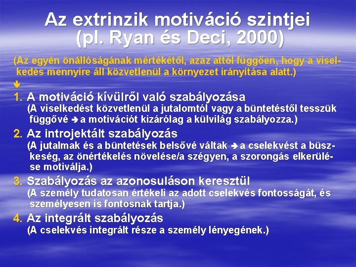 Az extrinzik motiváció szintjei (pl. Ryan és Deci, 2000) (Az egyén önállóságának mértékétől, azaz