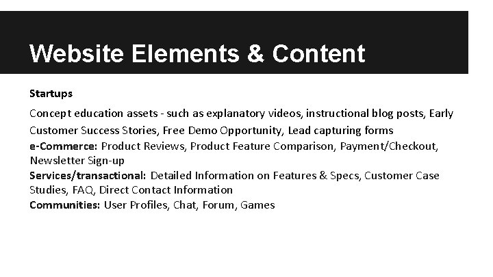 Website Elements & Content Startups Concept education assets - such as explanatory videos, instructional