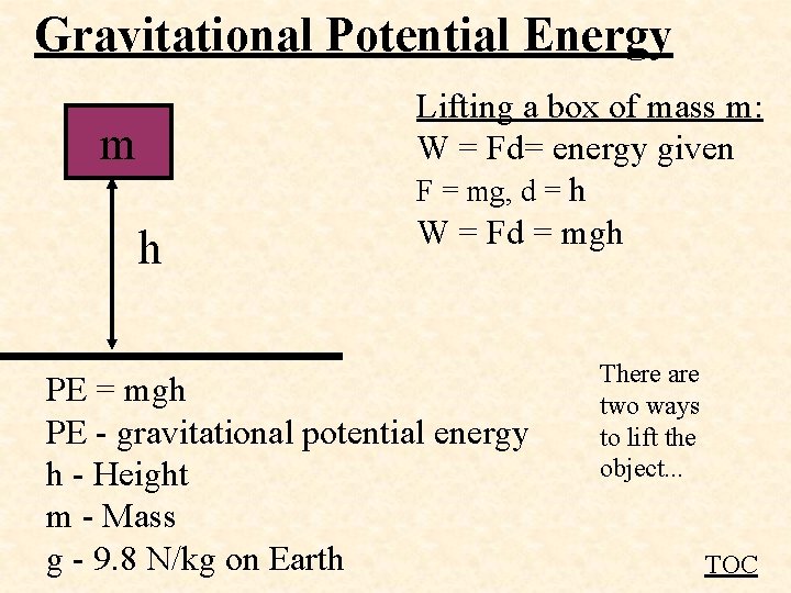 Gravitational Potential Energy m h Lifting a box of mass m: W = Fd=