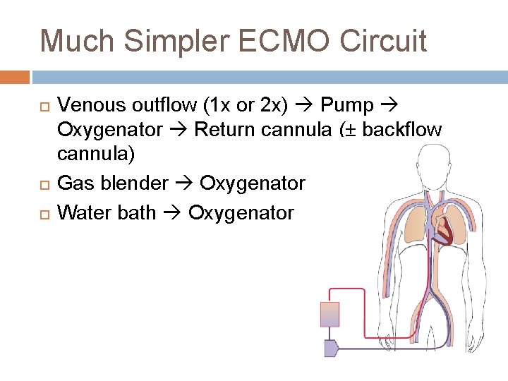 Much Simpler ECMO Circuit Venous outflow (1 x or 2 x) Pump Oxygenator Return