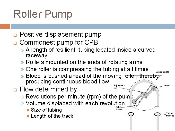 Roller Pump Positive displacement pump Commonest pump for CPB A length of resilient tubing
