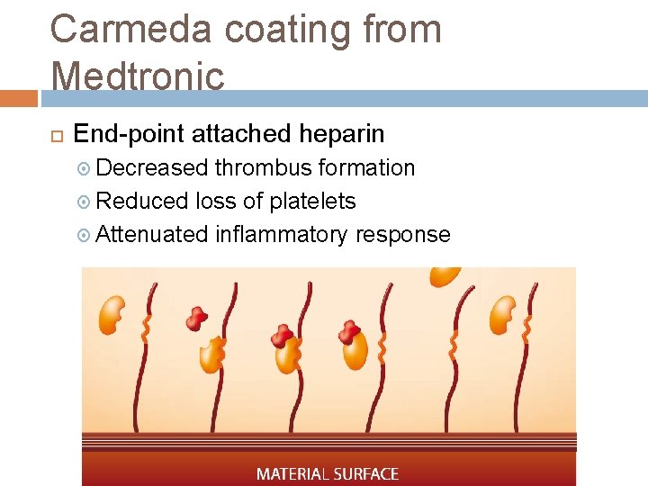 Carmeda coating from Medtronic End-point attached heparin Decreased thrombus formation Reduced loss of platelets