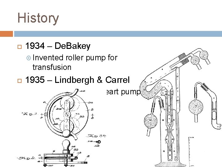 History 1934 – De. Bakey Invented roller pump for transfusion 1935 – Lindbergh &