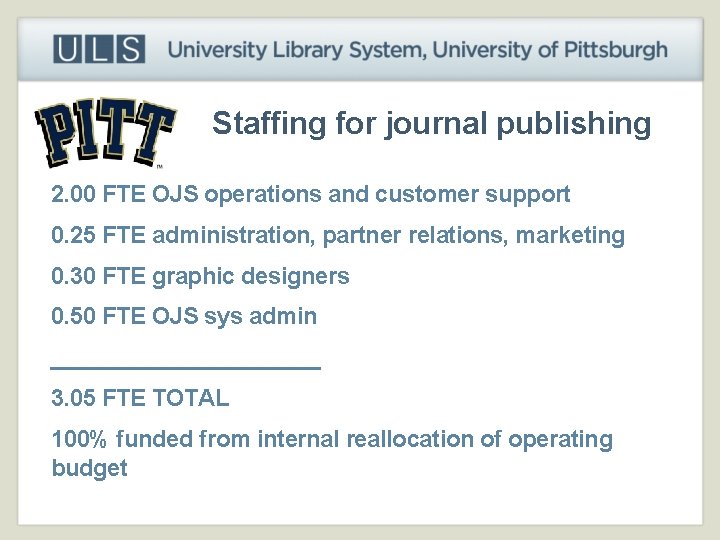 Staffing for journal publishing 2. 00 FTE OJS operations and customer support 0. 25