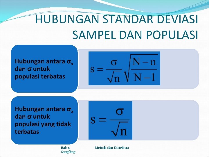 HUBUNGAN STANDAR DEVIASI SAMPEL DAN POPULASI Hubungan antara x dan untuk populasi terbatas Hubungan