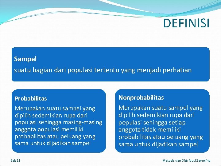 DEFINISI Sampel suatu bagian dari populasi tertentu yang menjadi perhatian Probabilitas Merupakan suatu sampel