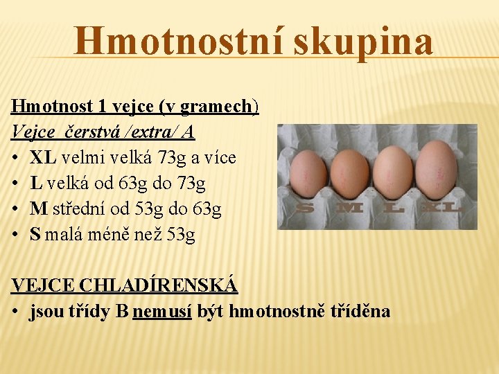 Hmotnostní skupina Hmotnost 1 vejce (v gramech) Vejce čerstvá /extra/ A • XL velmi