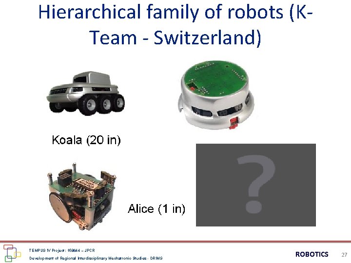 Hierarchical family of robots (KTeam - Switzerland) TEMPUS IV Project: 158644 – JPCR Development Hierarchical family of robots (KTeam - Switzerland) TEMPUS IV Project: 158644 – JPCR Development