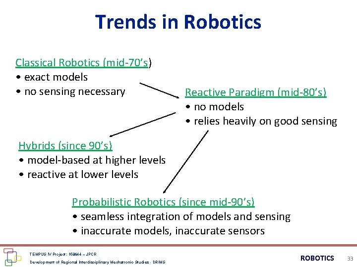 Trends in Robotics Classical Robotics (mid-70’s) • exact models • no sensing necessary Reactive Trends in Robotics Classical Robotics (mid-70’s) • exact models • no sensing necessary Reactive