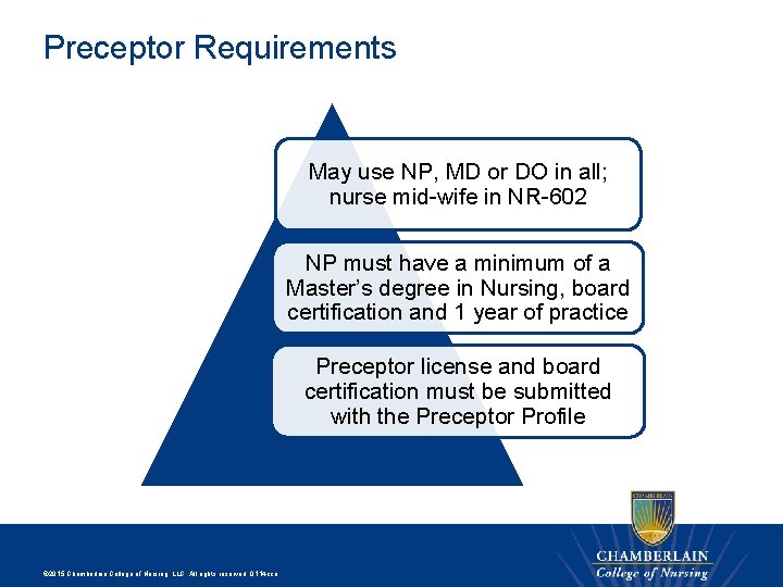 Preceptor Requirements May use NP, MD or DO in all; nurse mid-wife in NR-602