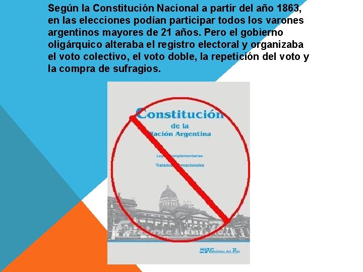 Según la Constitución Nacional a partir del año 1863, en las elecciones podían participar