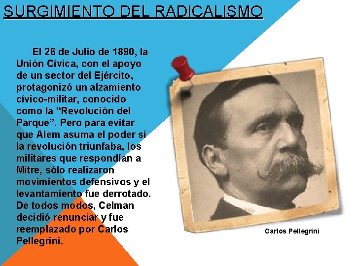 SURGIMIENTO DEL RADICALISMO El 26 de Julio de 1890, la Unión Cívica, con el