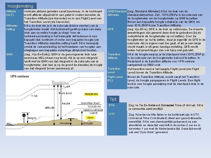 Hoogtemeting: Altitude (ALT) Altimeter setting QNH Verticale afstand gemeten vanaf zeeniveau. In de luchtvaart