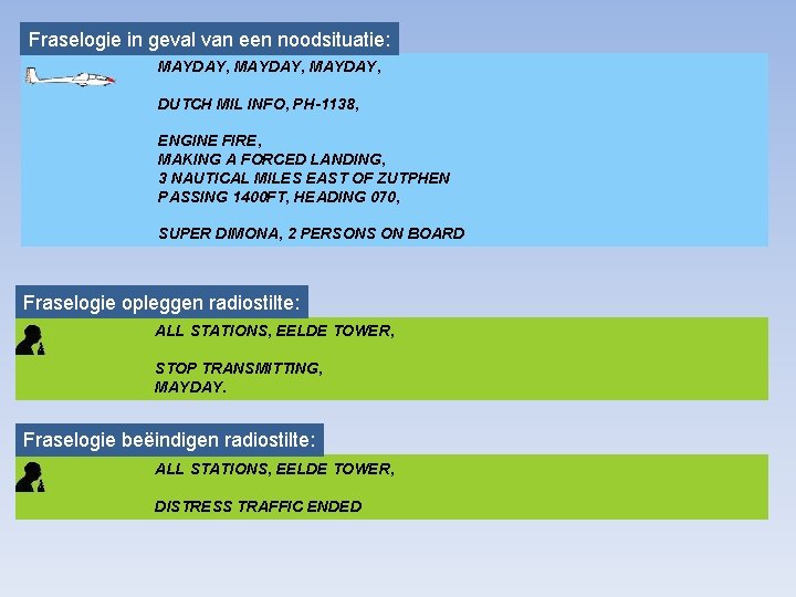 Fraselogie in geval van een noodsituatie: MAYDAY, DUTCH MIL INFO, PH-1138, ENGINE FIRE, MAKING