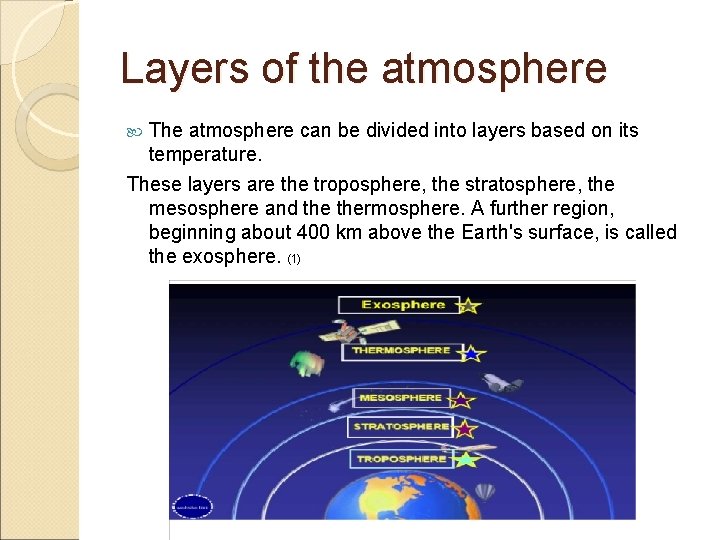 Layers of the atmosphere The atmosphere can be divided into layers based on its