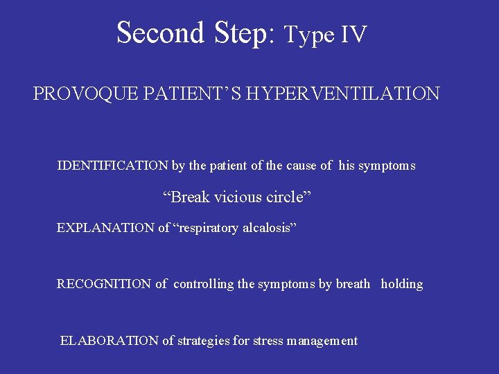 Second Step: Type IV PROVOQUE PATIENT’S HYPERVENTILATION IDENTIFICATION by the patient of the cause