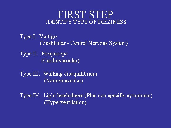 FIRST STEP IDENTIFY TYPE OF DIZZINESS Type I: Vertigo (Vestibular - Central Nervous System)