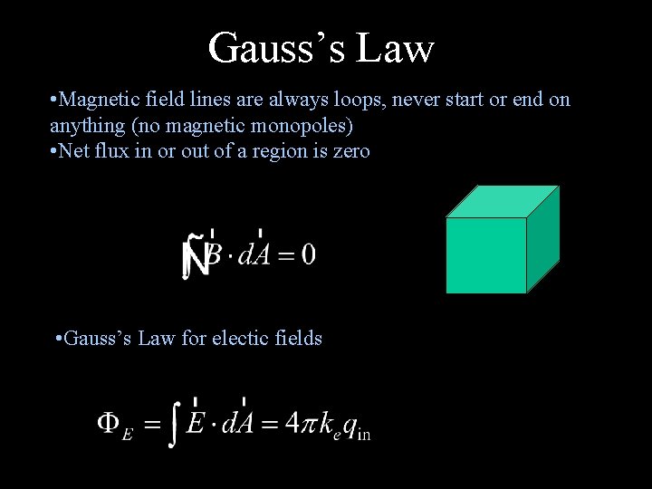 Gauss’s Law • Magnetic field lines are always loops, never start or end on