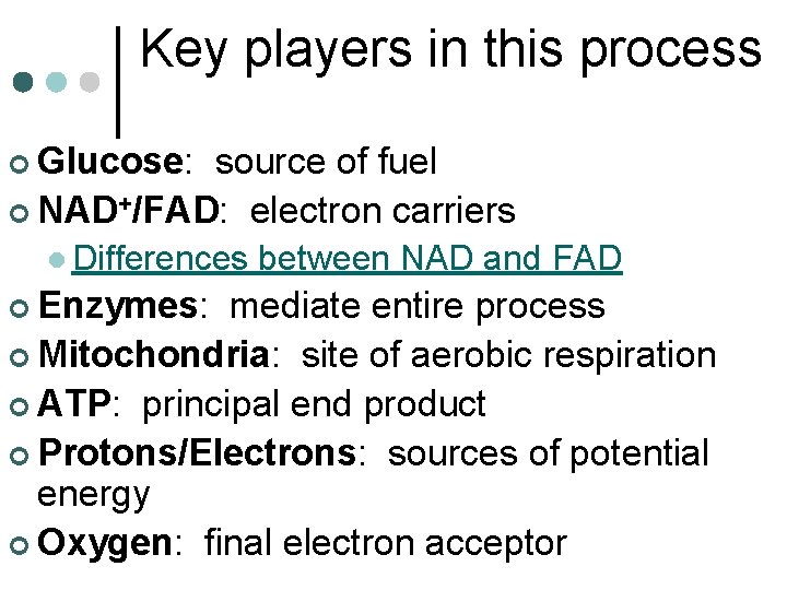 Key players in this process ¢ Glucose: source of fuel ¢ NAD+/FAD: electron carriers