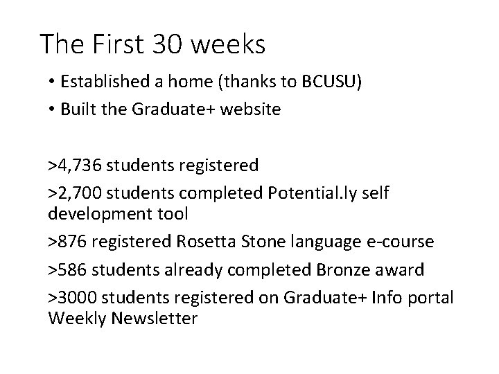 The First 30 weeks • Established a home (thanks to BCUSU) • Built the