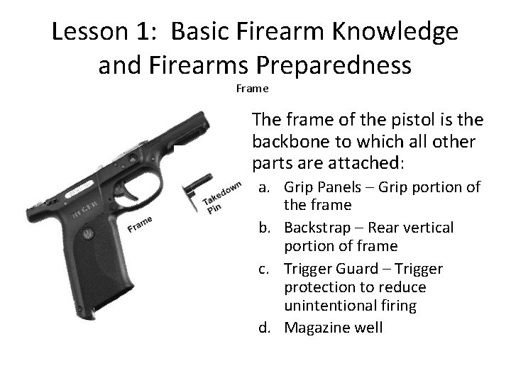 Lesson 1: Basic Firearm Knowledge and Firearms Preparedness Frame The frame of the pistol