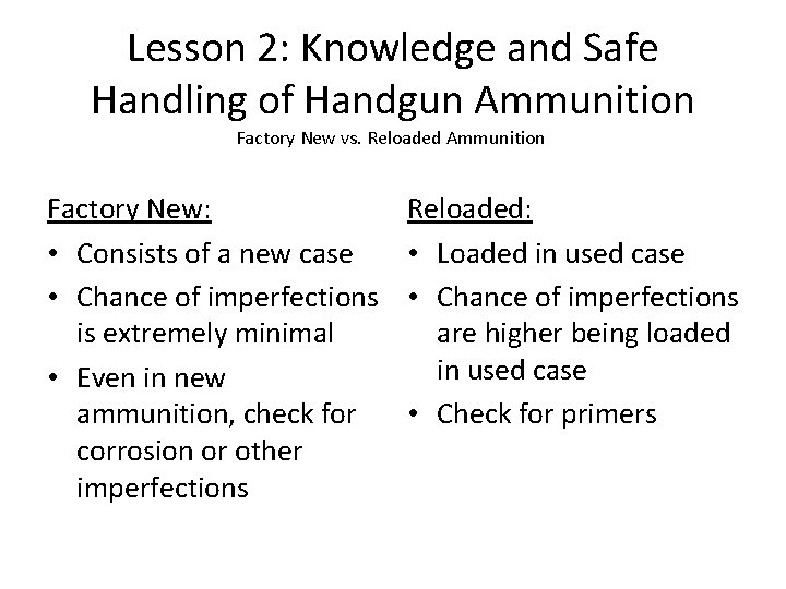 Lesson 2: Knowledge and Safe Handling of Handgun Ammunition Factory New vs. Reloaded Ammunition
