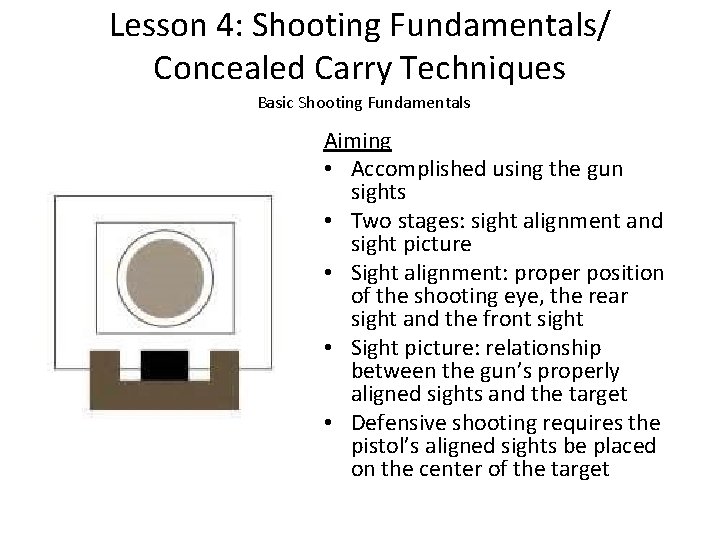 Lesson 4: Shooting Fundamentals/ Concealed Carry Techniques Basic Shooting Fundamentals Aiming • Accomplished using