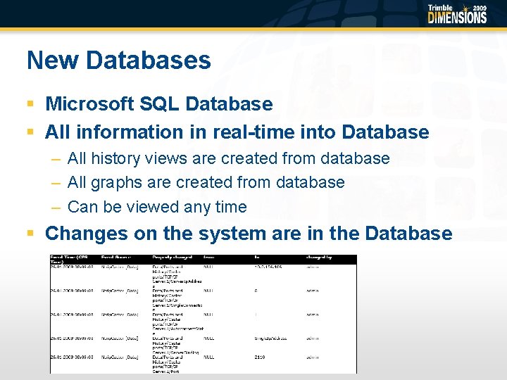 New Databases § Microsoft SQL Database § All information in real-time into Database –