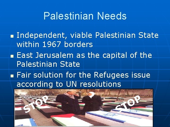 Palestinian Needs n n n Independent, viable Palestinian State within 1967 borders East Jerusalem