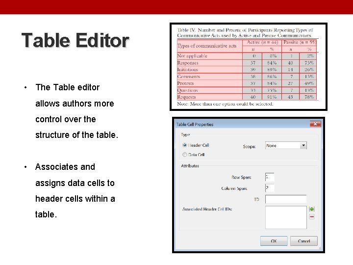 Table Editor • The Table editor allows authors more control over the structure of