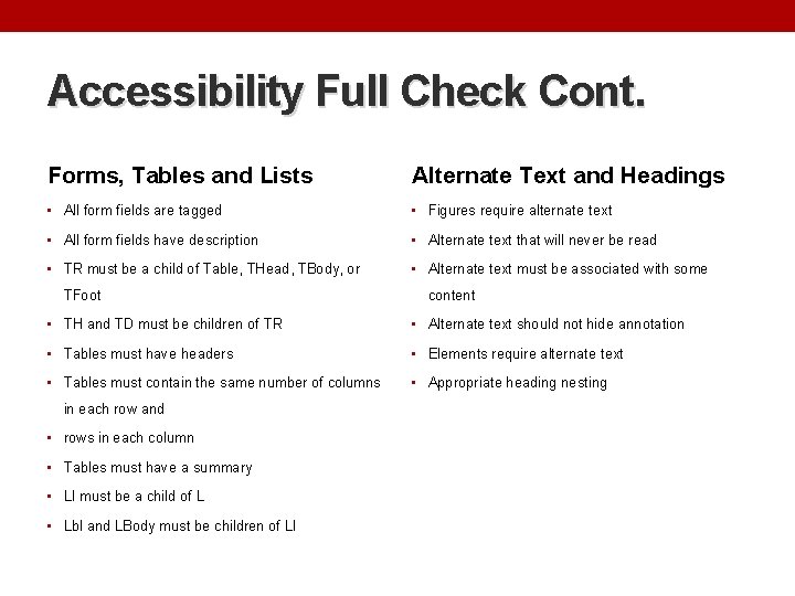 Accessibility Full Check Cont. Forms, Tables and Lists Alternate Text and Headings • All