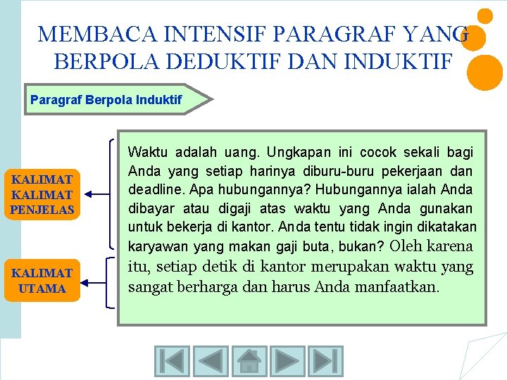 MEMBACA INTENSIF PARAGRAF YANG BERPOLA DEDUKTIF DAN INDUKTIF Paragraf Berpola Induktif KALIMAT PENJELAS Waktu