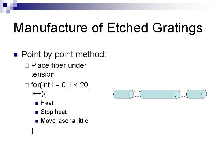 Manufacture of Etched Gratings n Point by point method: ¨ Place fiber under tension