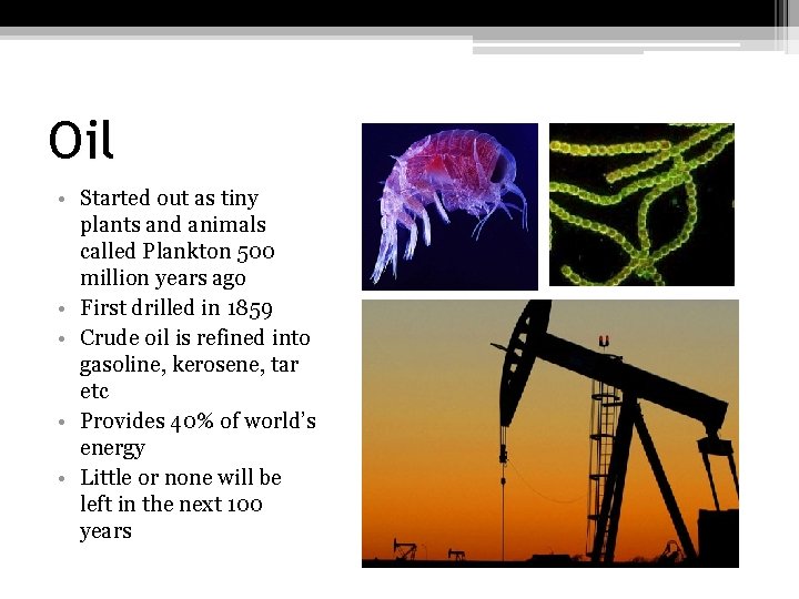 Oil • Started out as tiny plants and animals called Plankton 500 million years