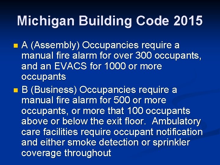 Michigan Building Code 2015 A (Assembly) Occupancies require a manual fire alarm for over