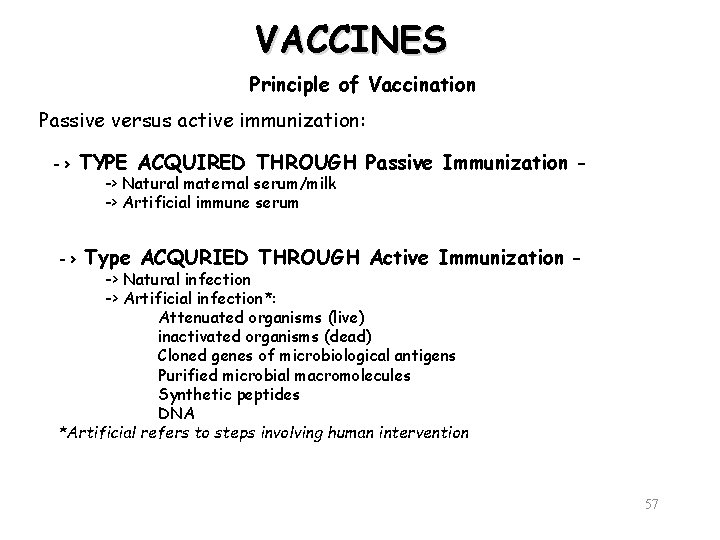 VACCINES Principle of Vaccination Passive versus active immunization: -> -> TYPE ACQUIRED THROUGH Passive