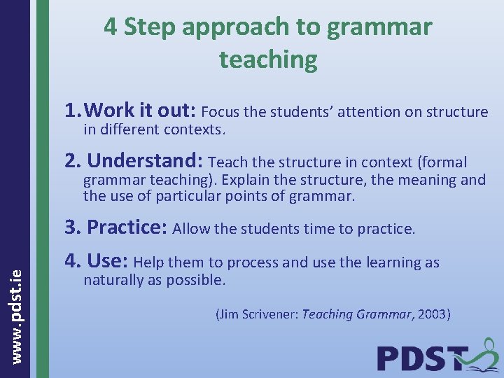 4 Step approach to grammar teaching 1. Work it out: Focus the students’ attention