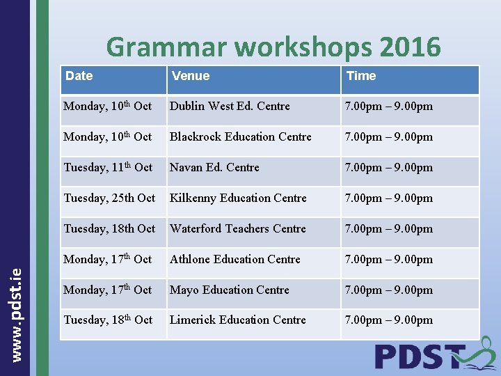 www. pdst. ie Grammar workshops 2016 Date Venue Time Monday, 10 th Oct Dublin