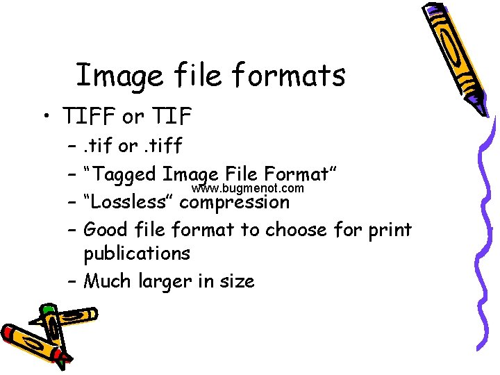 Image file formats • TIFF or TIF – – . tif or. tiff “Tagged