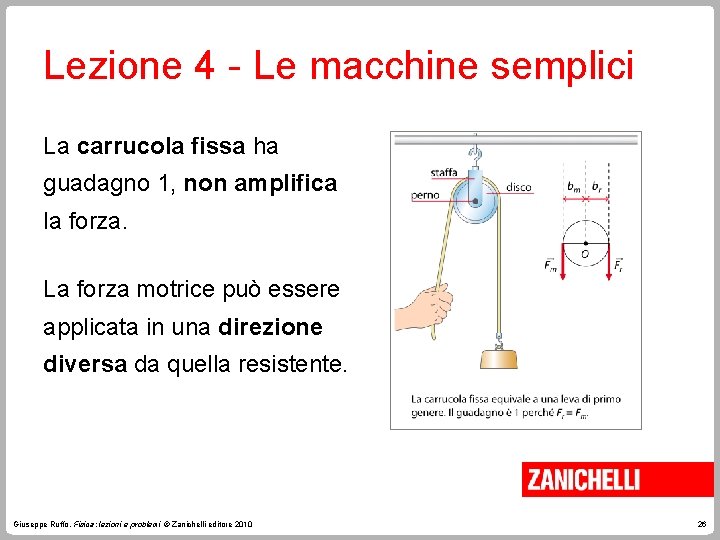 Lezione 4 - Le macchine semplici La carrucola fissa ha guadagno 1, non amplifica