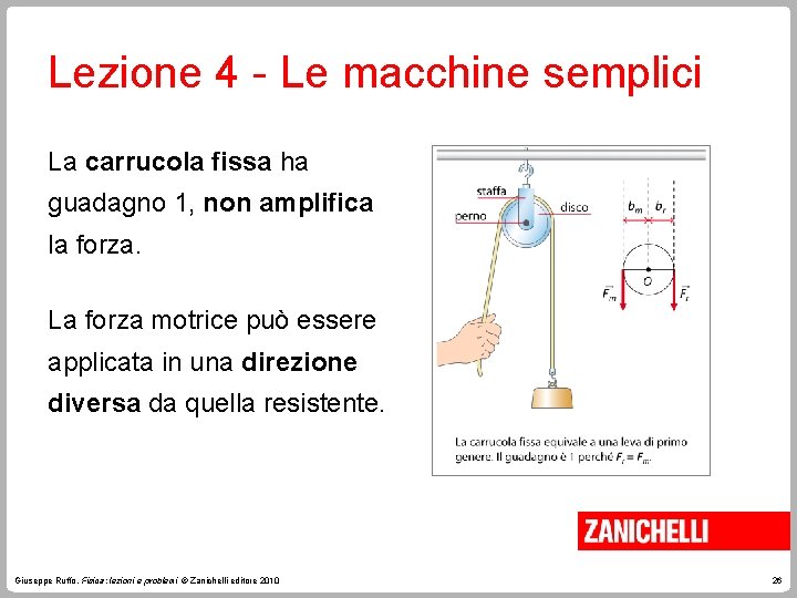 Lezione 4 - Le macchine semplici La carrucola fissa ha guadagno 1, non amplifica