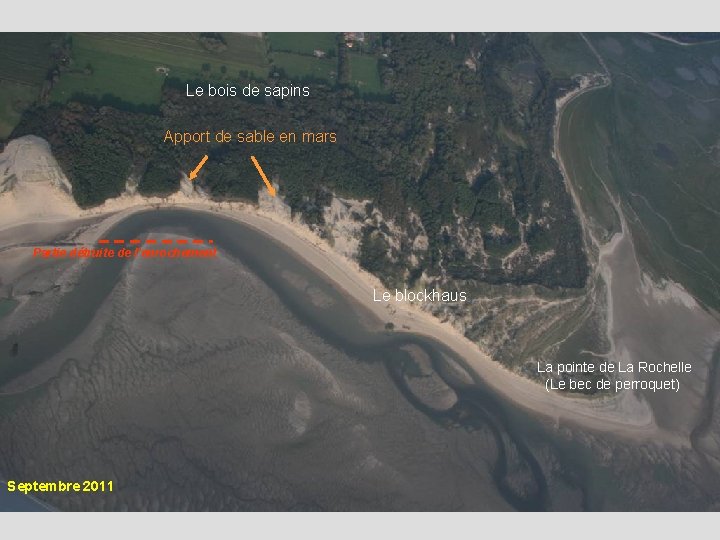 Le bois de sapins Apport de sable en mars Partie détruite de l’enrochement Le