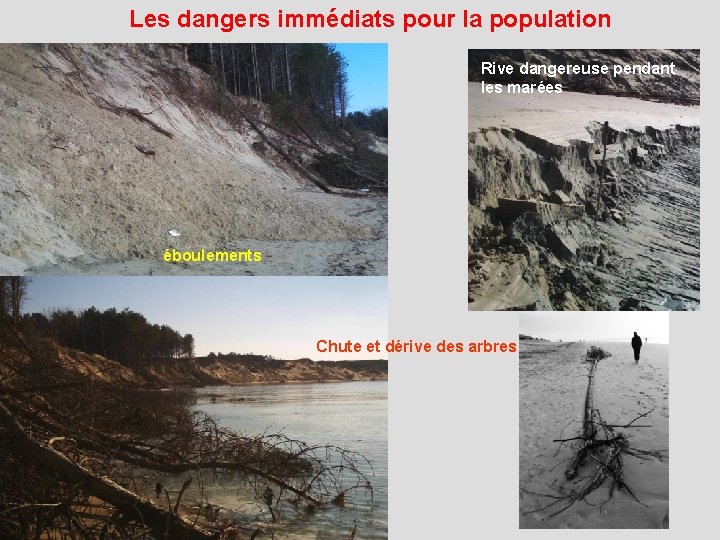 Les dangers immédiats pour la population Rive dangereuse pendant les marées éboulements Chute et