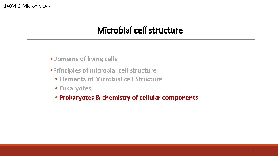 140 MIC: Microbiology Microbial cell structure • Domains of living cells • Principles of