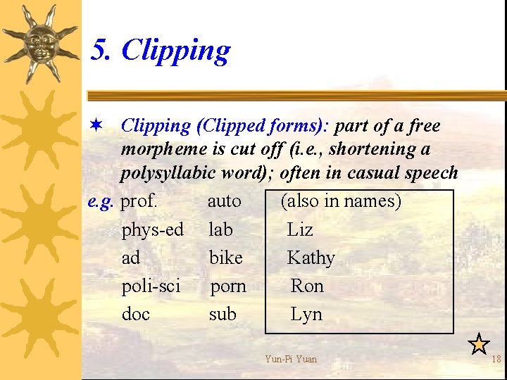 5. Clipping ¬ Clipping (Clipped forms): part of a free morpheme is cut off