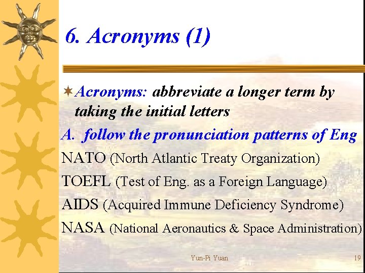 6. Acronyms (1) ¬Acronyms: abbreviate a longer term by taking the initial letters A.