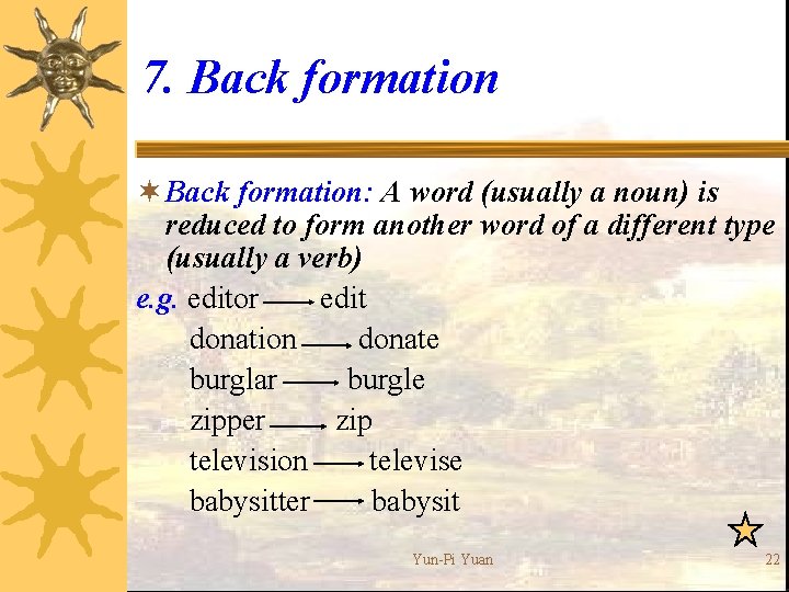 7. Back formation ¬ Back formation: A word (usually a noun) is reduced to